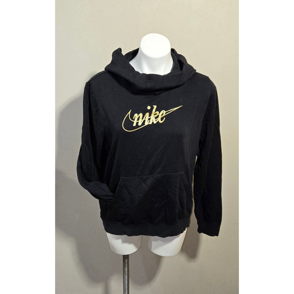 NIKE Glitter Logo Fleece Funnel-Neck Hoodie Sweatshirt Black Gold Women's Size L